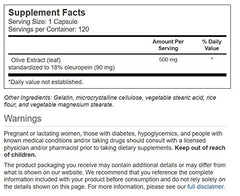 Close-up of olive leaf extract capsules and bottle label