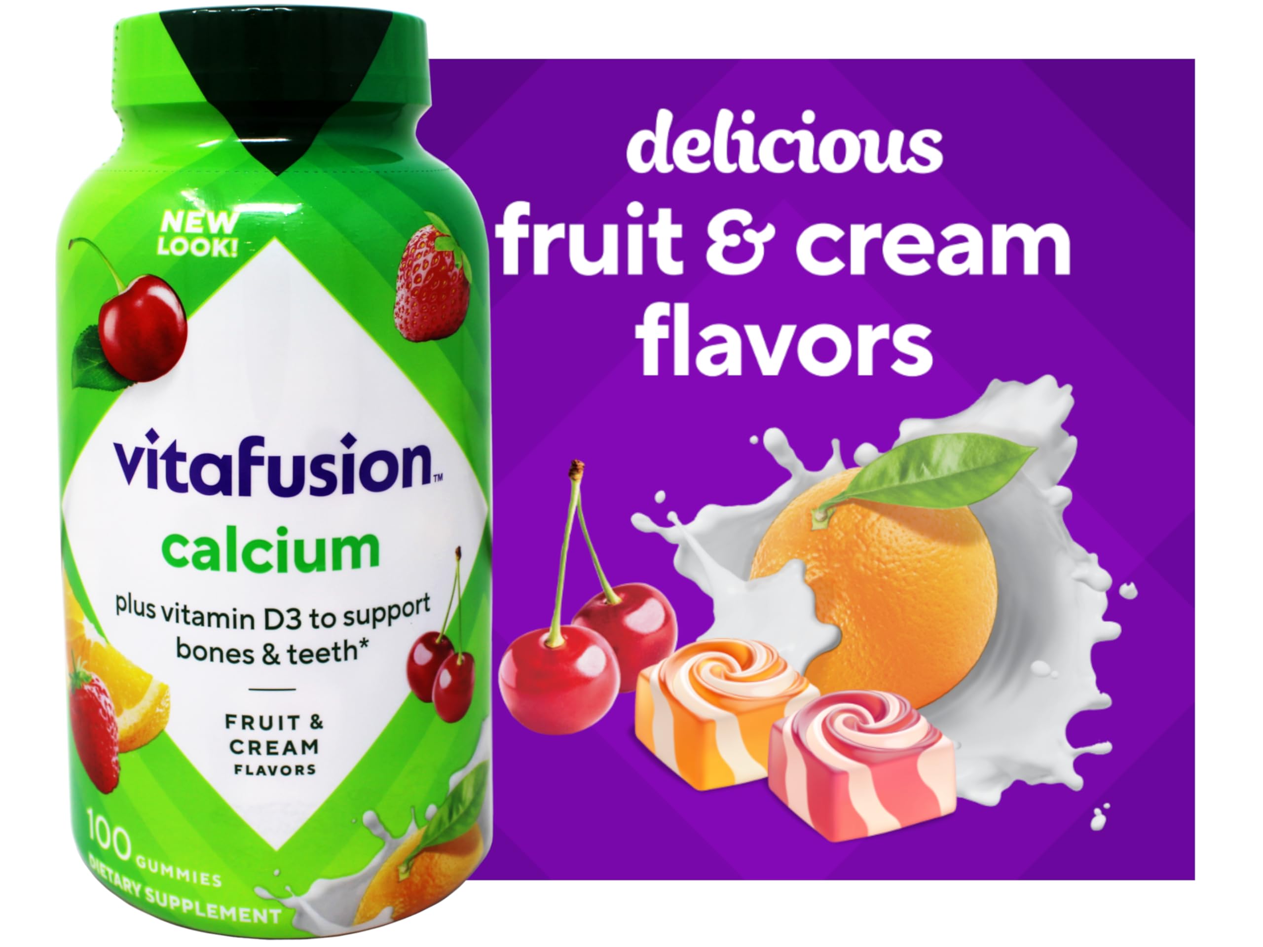 Close-up of fruit and cream flavored chewable calcium gummies