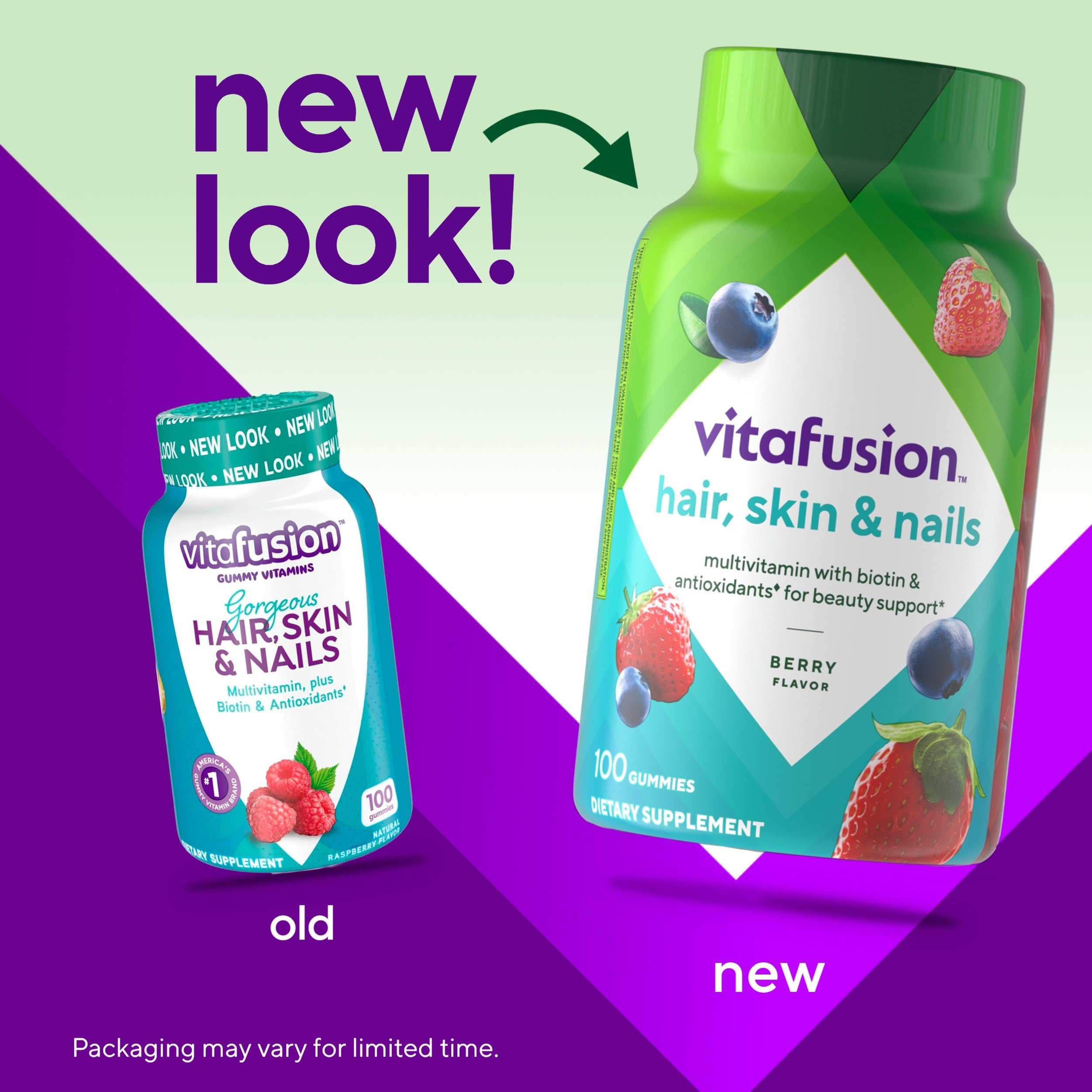 Front view of Vitafusion Hair Skin Nails raspberry gummies 100 count