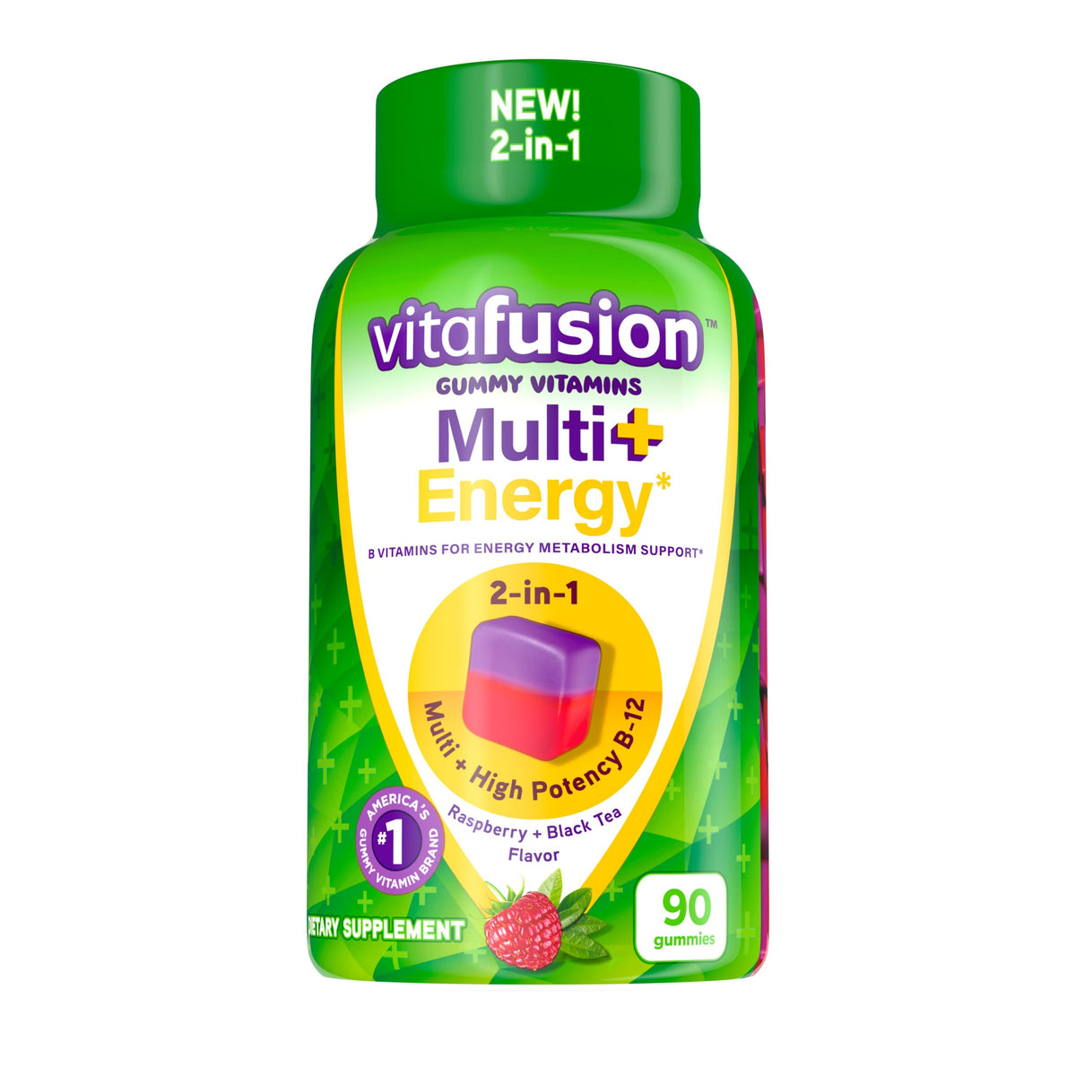 Vitafusion Multi + Energy gummies bottle with 90-count label