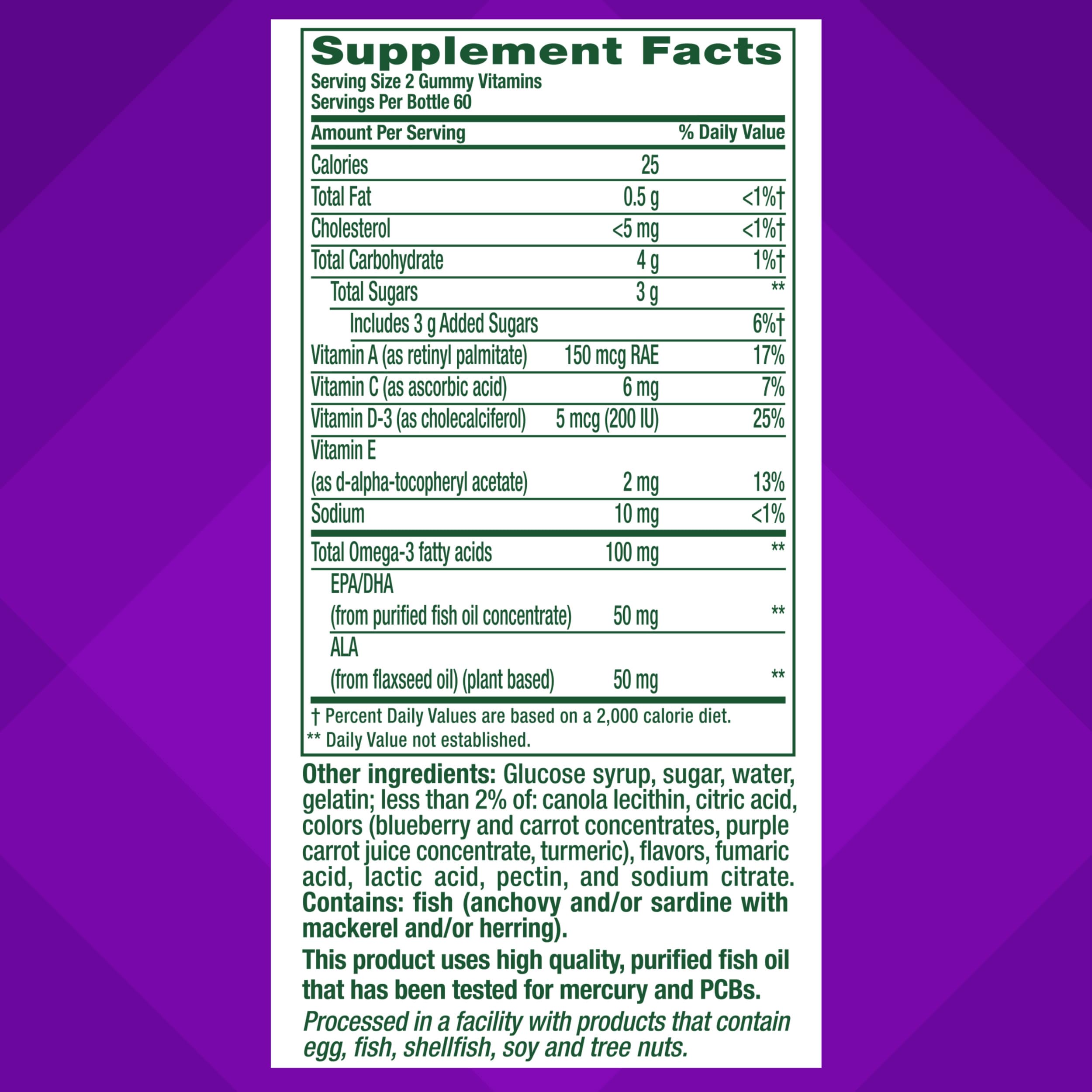 Nutrition label showing 100 mg Omega-3 EPA/DHA per serving