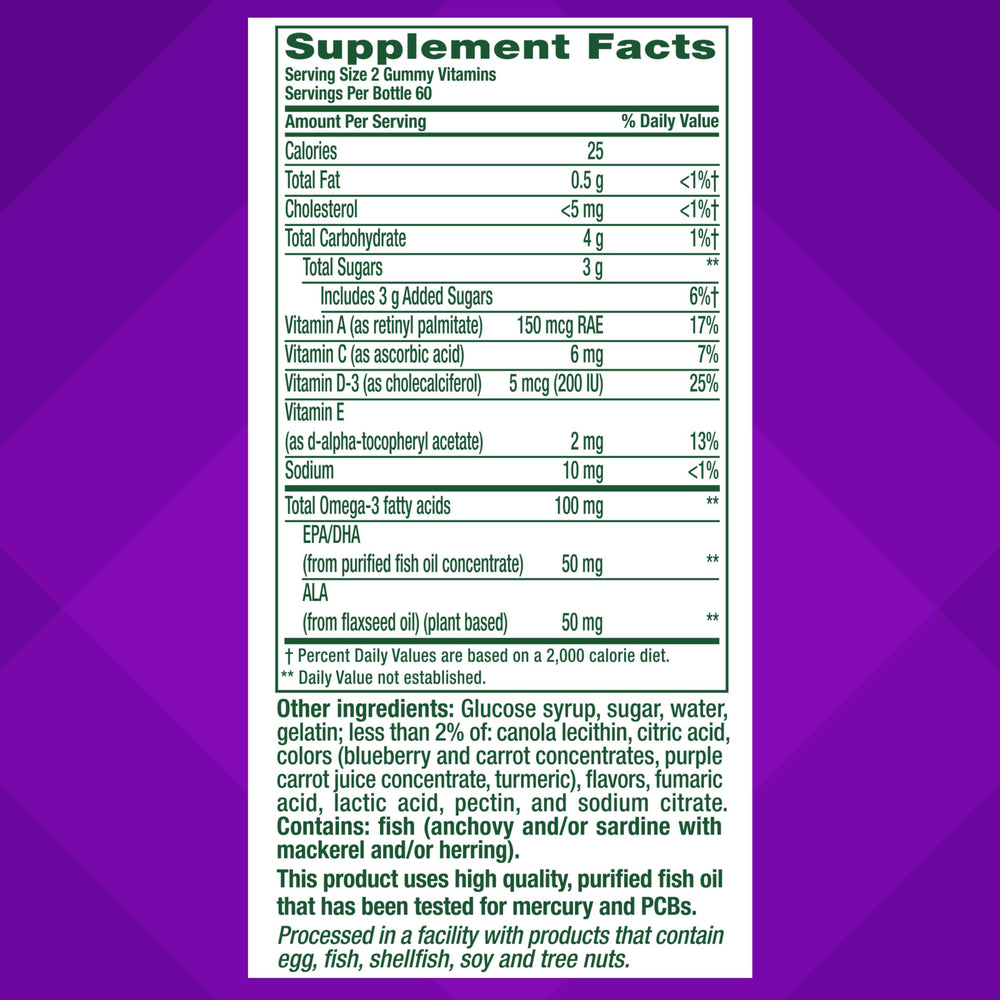 Nutrition label showing 100 mg Omega-3 EPA/DHA per serving