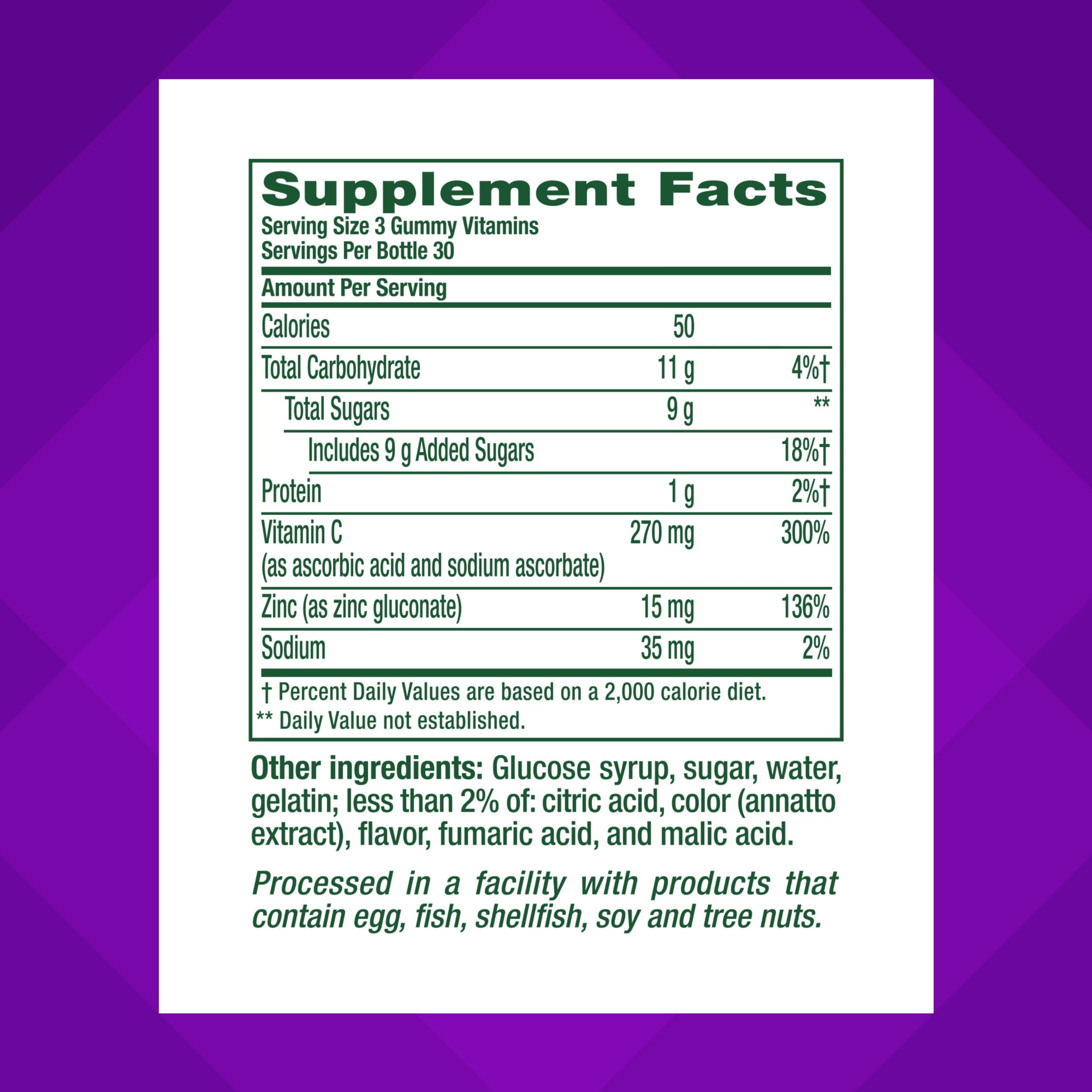 Close-up of vitamins label on Vitafusion Power Zinc Gummies