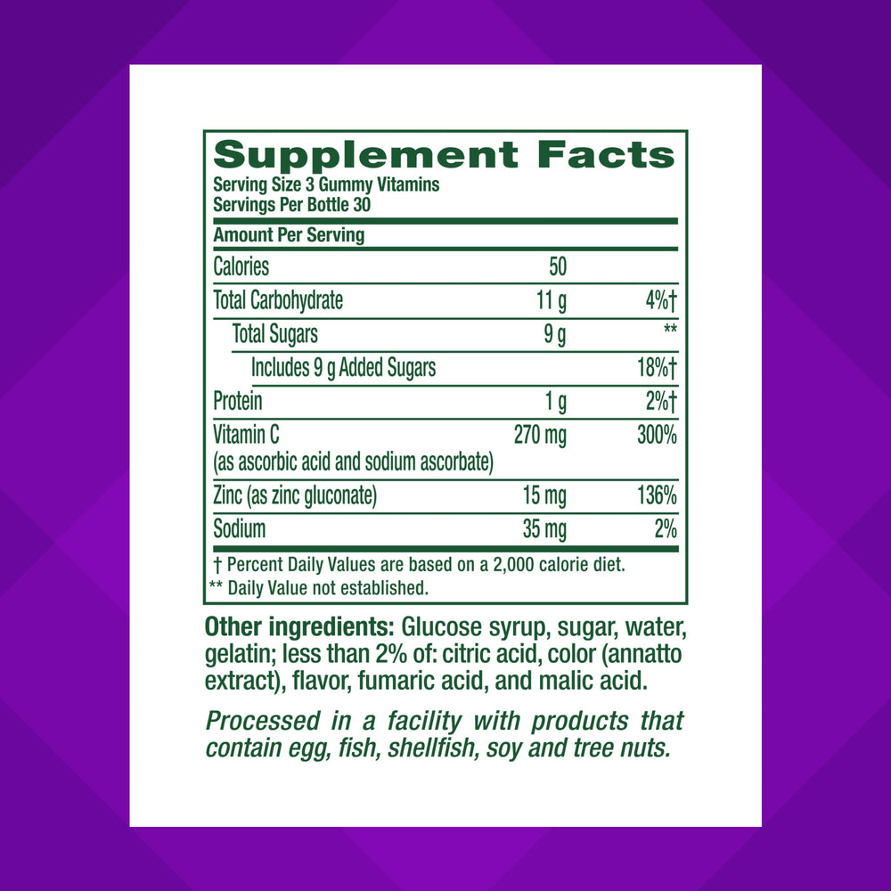 Close-up of vitamins label on Vitafusion Power Zinc Gummies