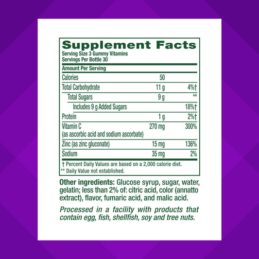 Close-up of vitamins label on Vitafusion Power Zinc Gummies