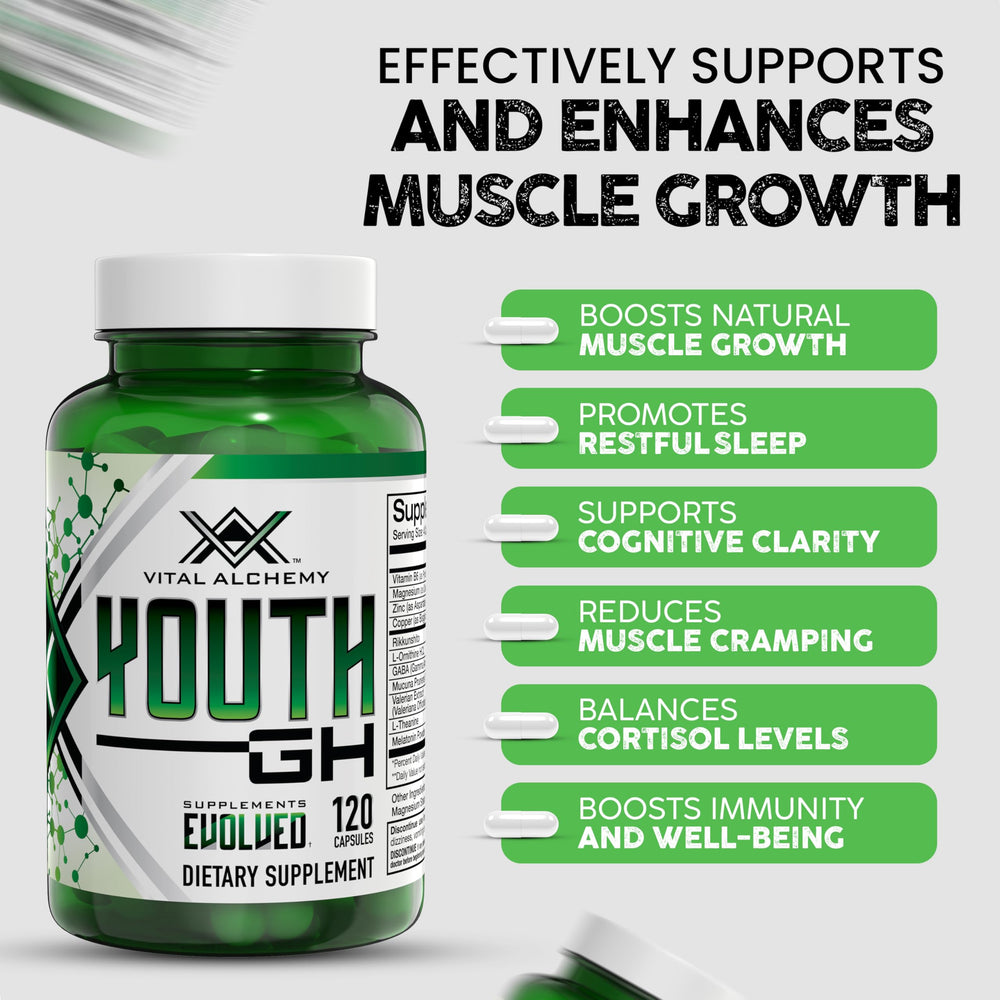 Vital Alchemy Youth capsules arranged for muscle growth, energy and endurance
