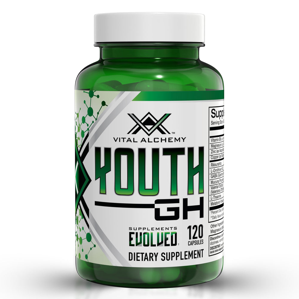 Vital Alchemy Youth bottle showing ingredients: L-Theanine, Melatonin, Valerian, GABA, Magnesium and Zinc