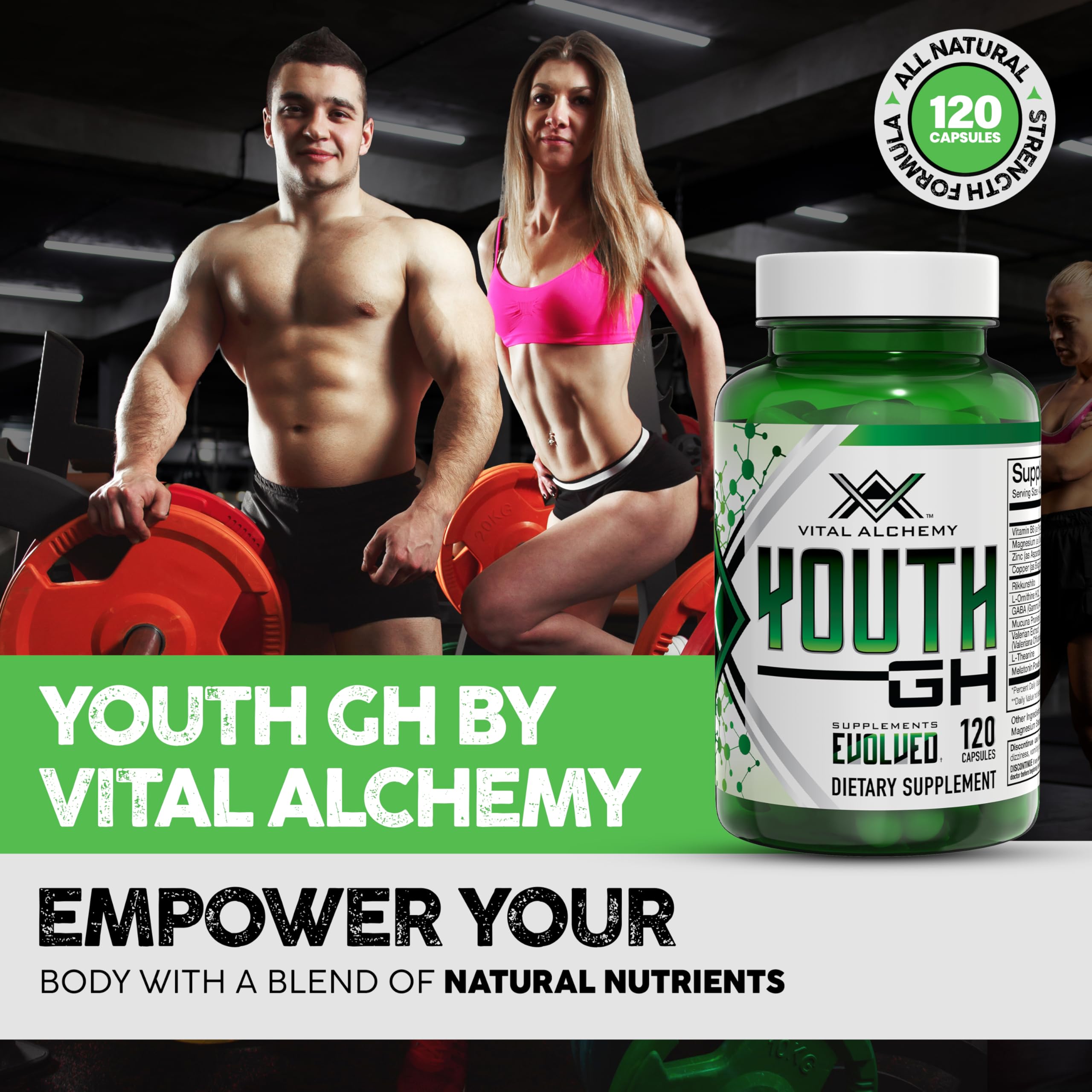 Close-up of Vital Alchemy Youth supplement label and features