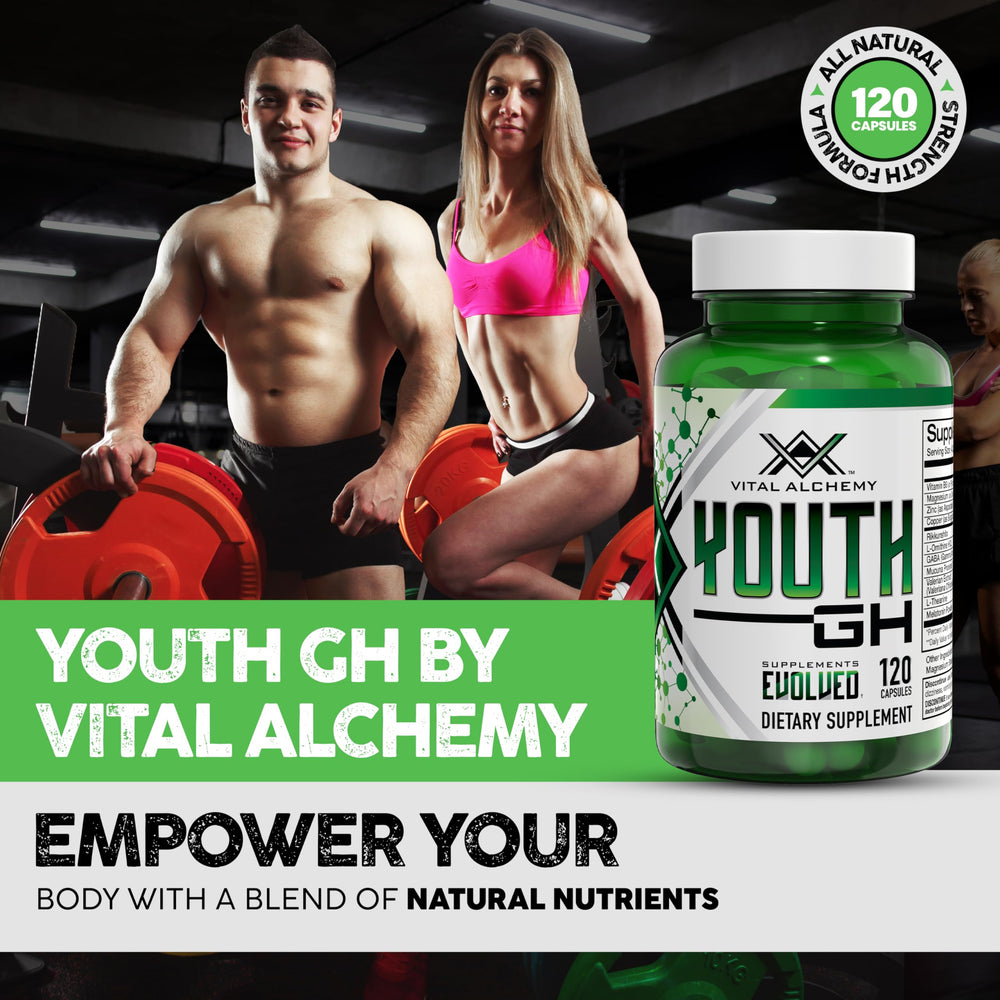 Close-up of Vital Alchemy Youth supplement label and features