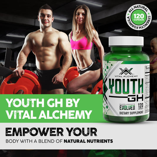 Close-up of Vital Alchemy Youth supplement label and features