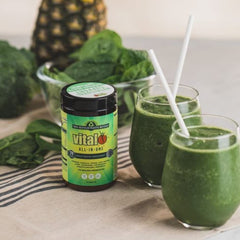 Easy-to-mix greens powder shown in a glass