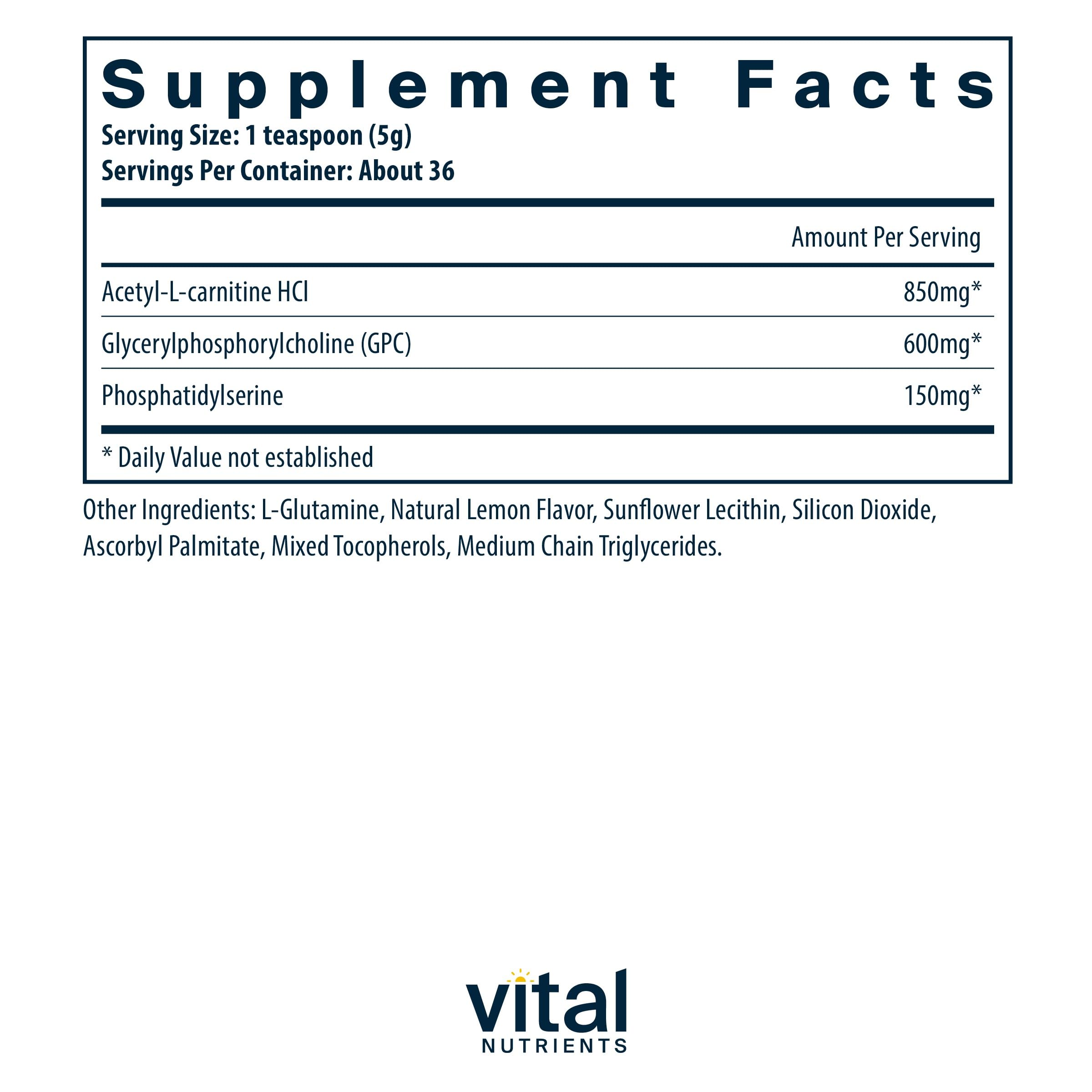Lemon flavor Vital Brain Powder bottle nutrition label and ingredients (150g)