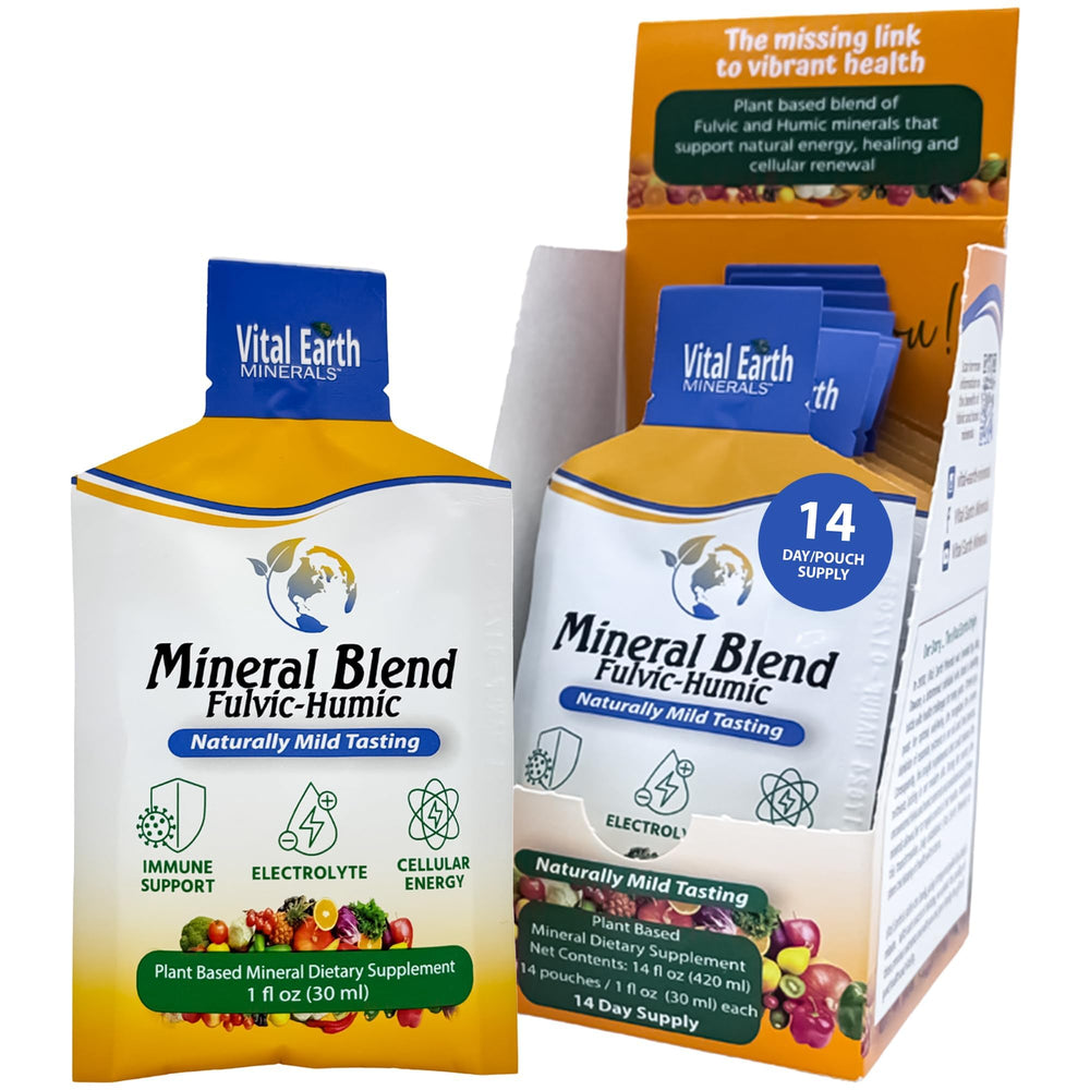 Vital Earth Minerals Detox & Wellness box displaying 14 travel-ready liquid pouches