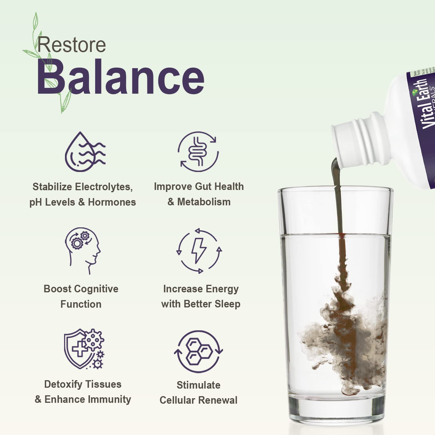 Vital Earth Minerals dissolving in water demonstrates effortless blending and hydration support.