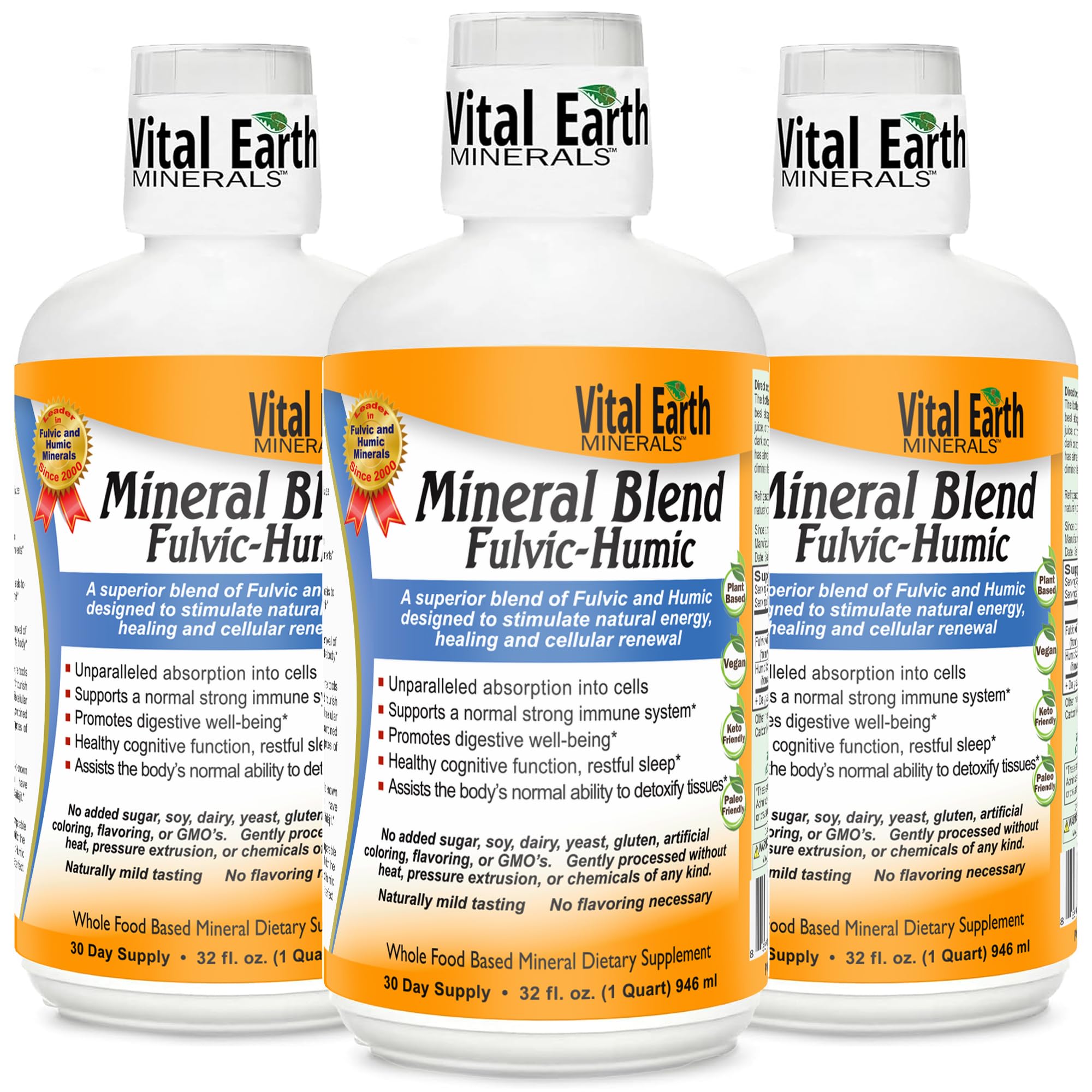 Front view of Vital Earth Minerals Fulvic Humic Mineral Blend Liquid 32 oz bottle