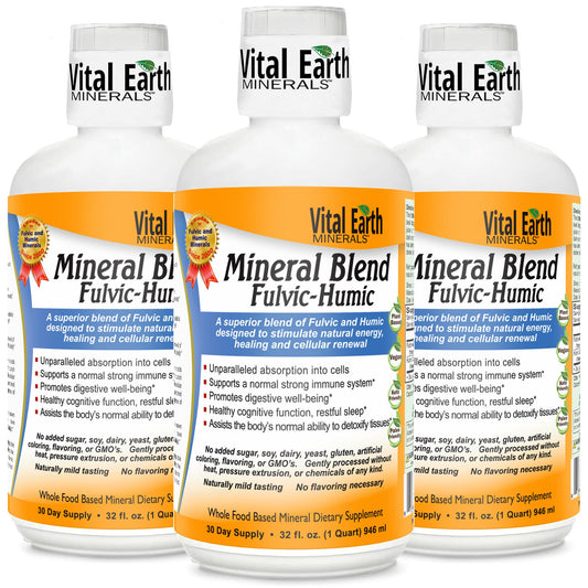 Front view of Vital Earth Minerals Fulvic Humic Mineral Blend Liquid 32 oz bottle
