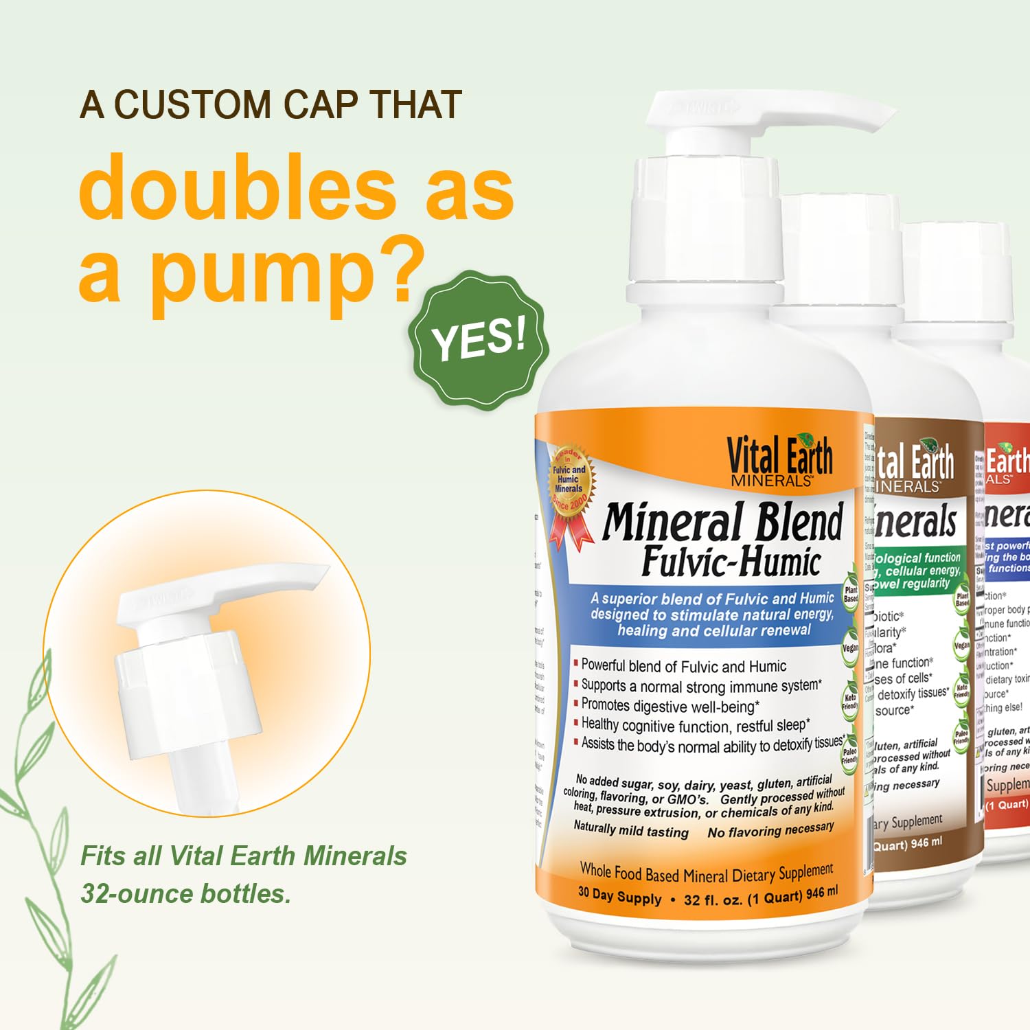 Pump assembly for Vital Earth Minerals liquid mineral bottles