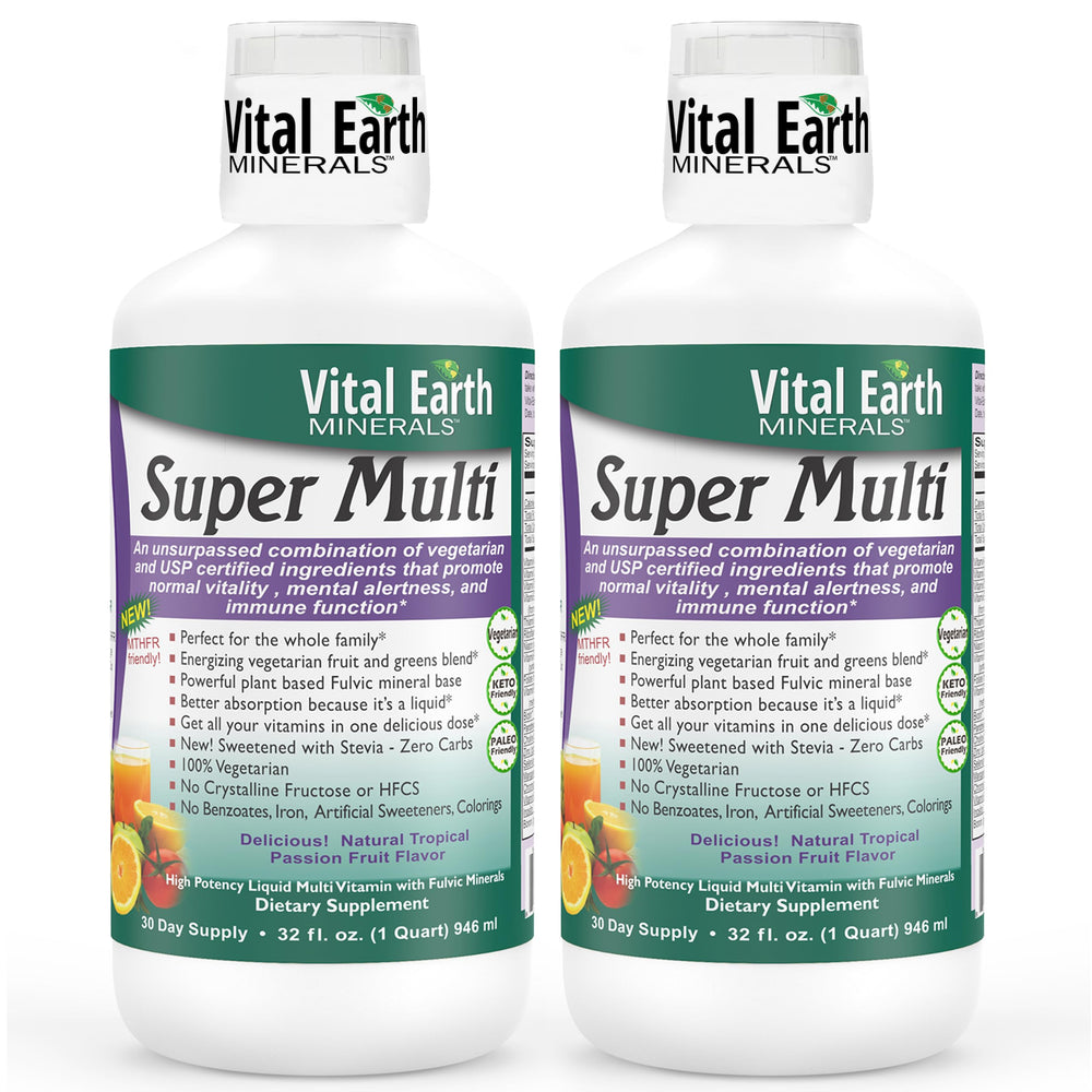 Vital Earth Minerals Super Multi bottle view highlights fulvic-rich liquid multivitamin for daily wellness