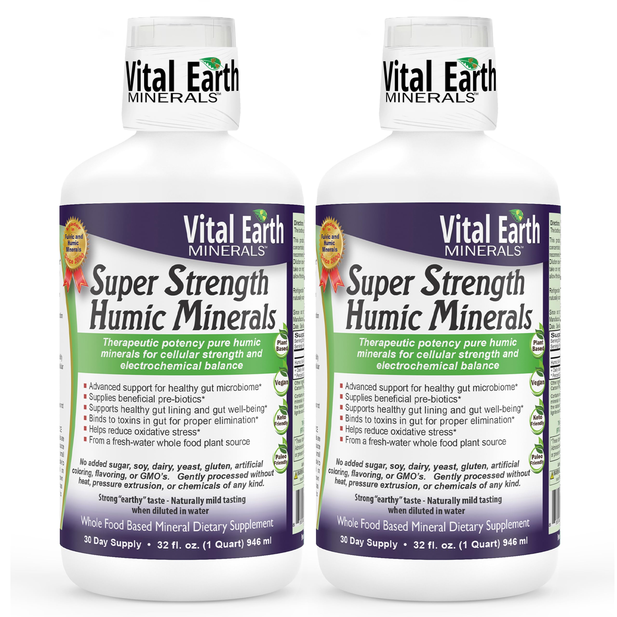 Vital Earth Minerals Super Strength Humic Minerals bottle on a kitchen counter for daily hydration.