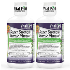 Vital Earth Minerals Super Strength Humic Minerals bottle on a kitchen counter for daily hydration.