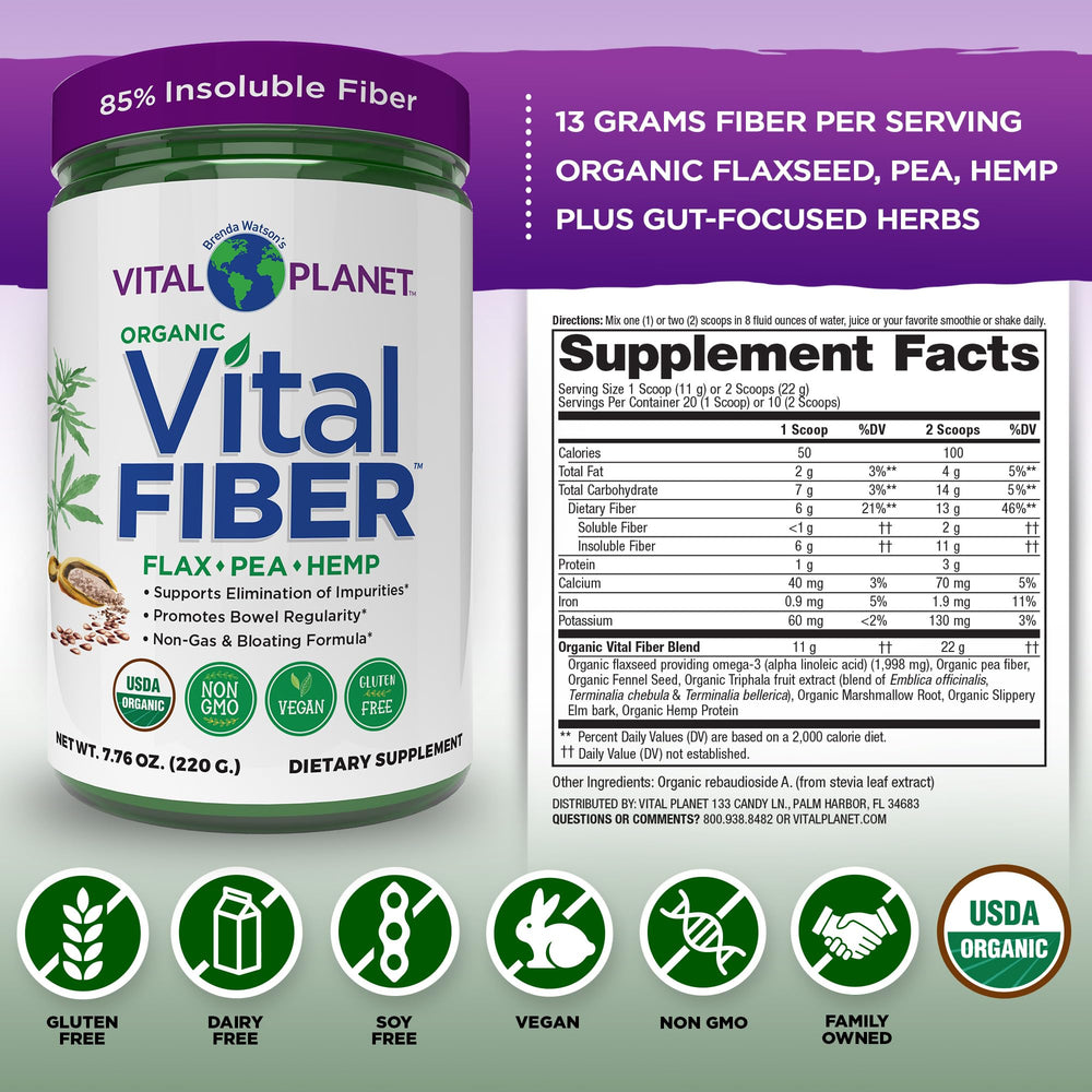 Scoop of Vital Fiber Powder showing 13 g fiber per serving