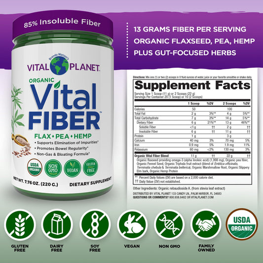 Scoop of Vital Fiber Powder showing 13 g fiber per serving