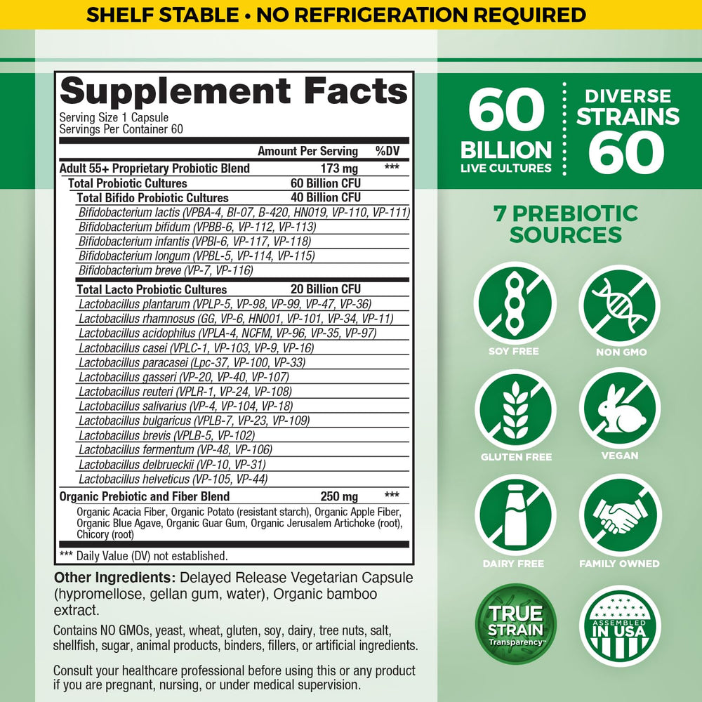 Close-up of Vital Flora bottle label and capsules