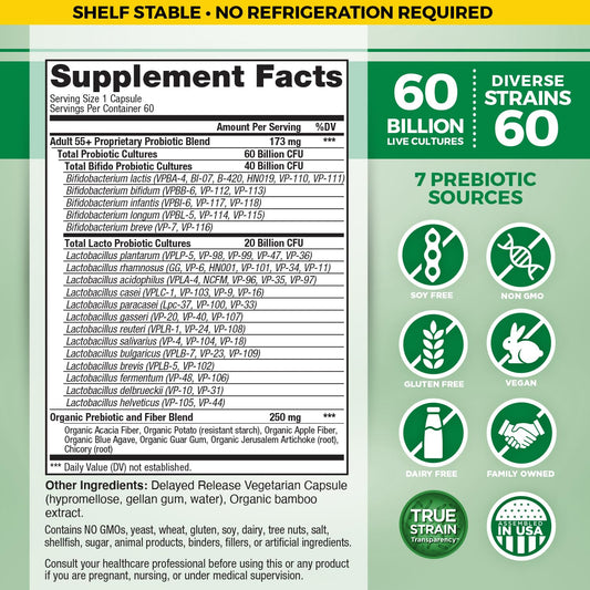 Close-up of Vital Flora bottle label and capsules