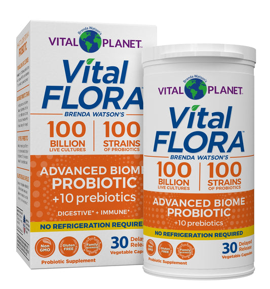 Vital Flora Advanced Probiotic bottle label showing 100 Billion CFU and 100 strains