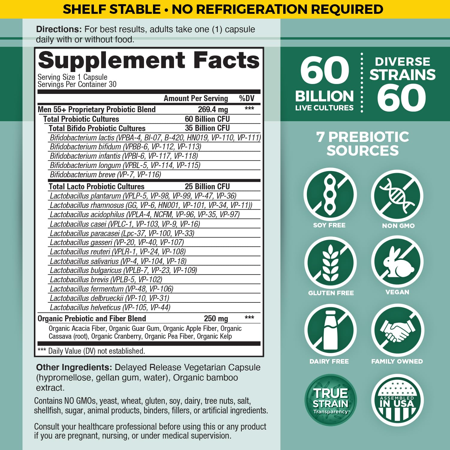Vital Flora Men 55+ probiotic label with 60B CFU