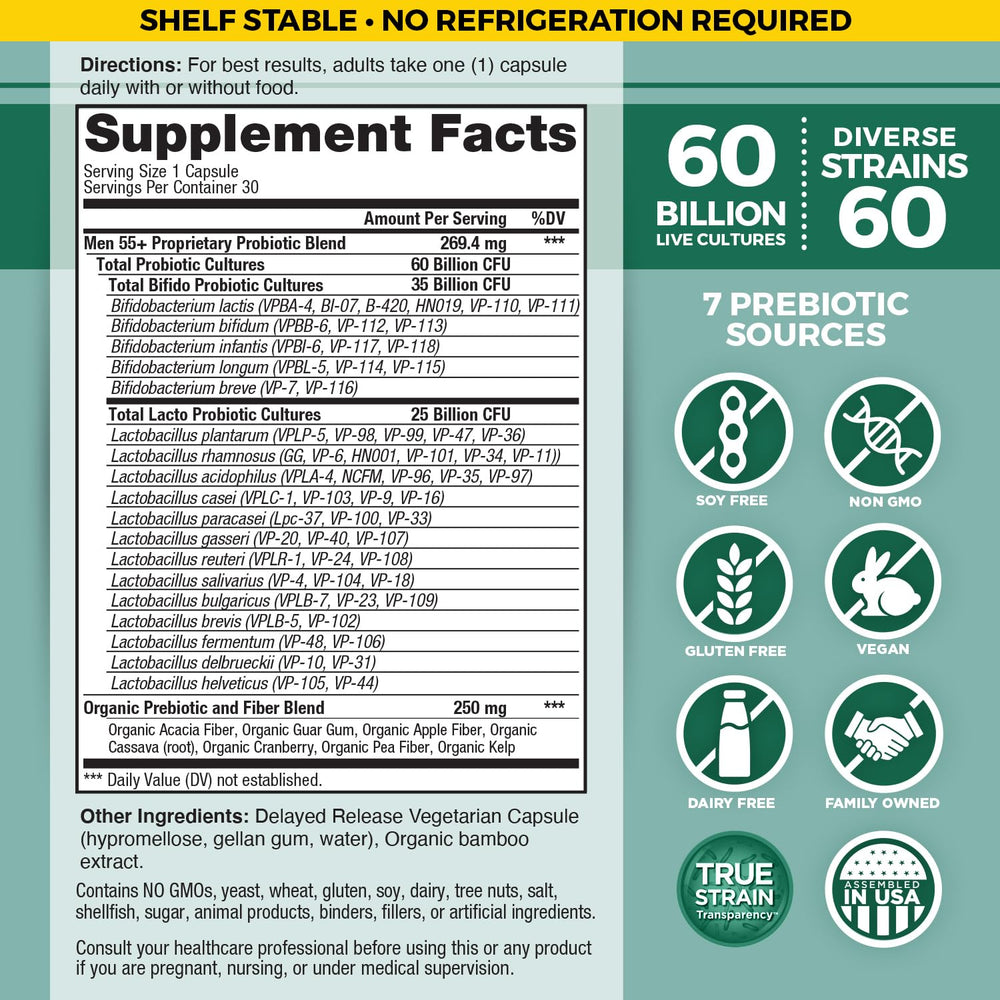 Vital Flora Men 55+ probiotic label with 60B CFU