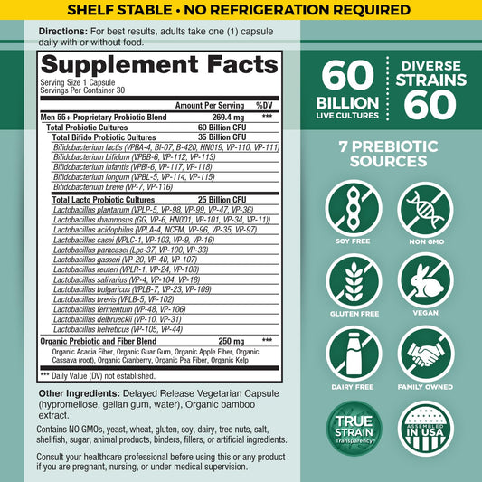 Vital Flora Men 55+ probiotic label with 60B CFU