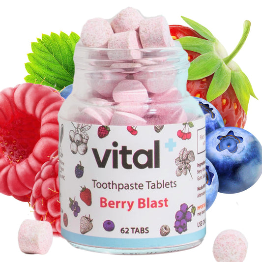 Vital Berry Blast toothpaste tabs in glass jar