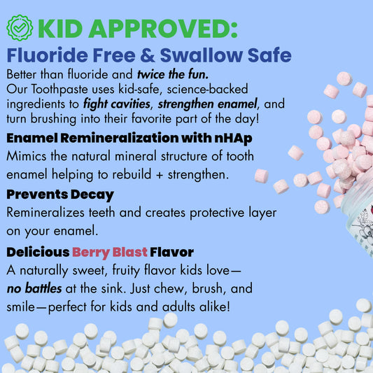 Close-up of Berry Blast toothpaste tab texture