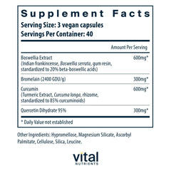 BCQ ingredients panel showing boswellia, bromelain, curcumin, and quercetin