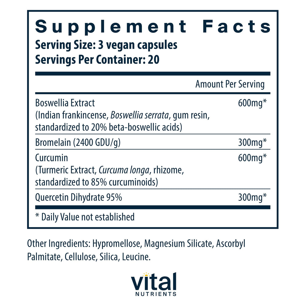 BCQ ingredients: Boswellia serrata, curcumin, bromelain, quercetin