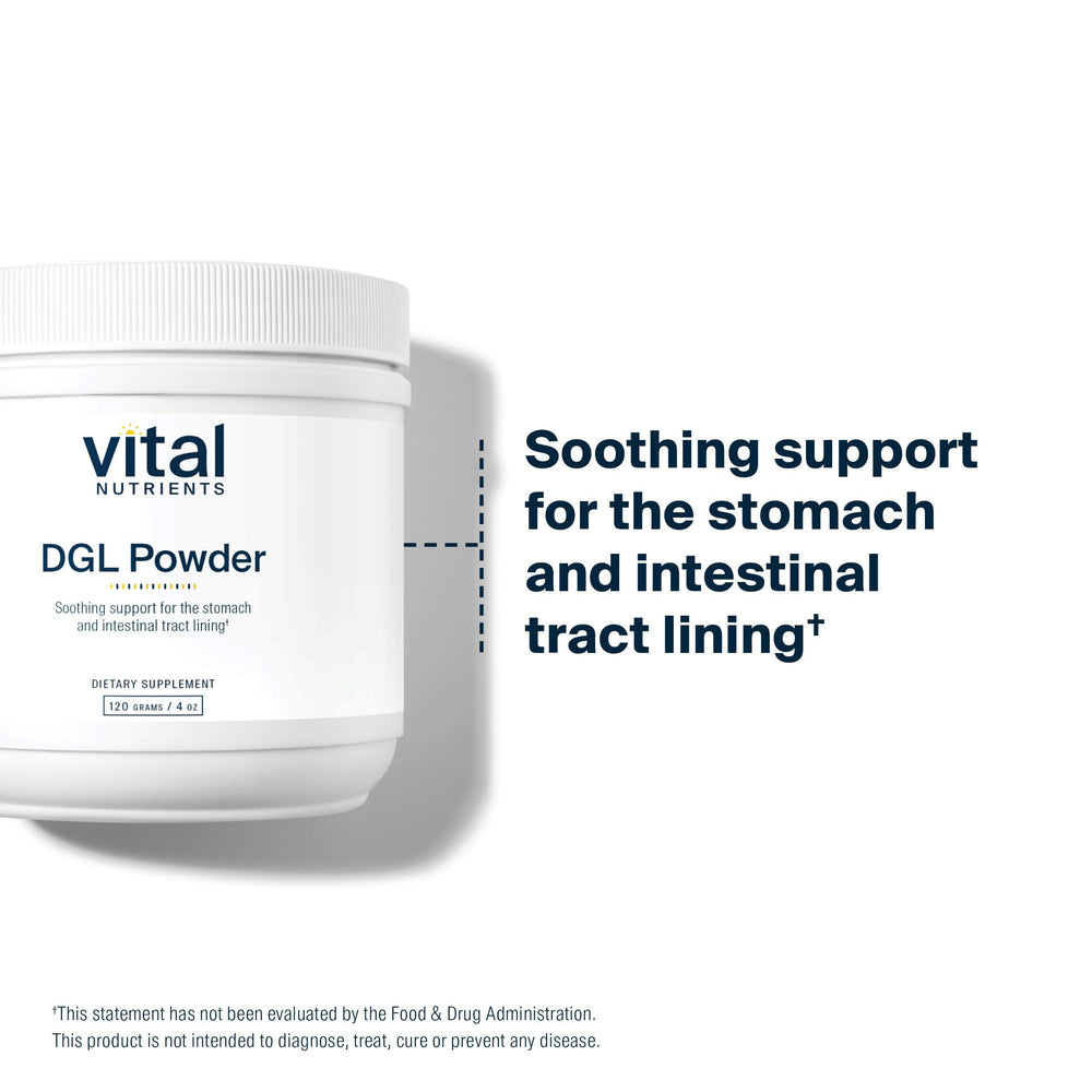Lifestyle shot of Vital Nutrients DGL Powder bottle in a kitchen setting