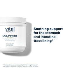 Lifestyle shot of Vital Nutrients DGL Powder bottle in a kitchen setting