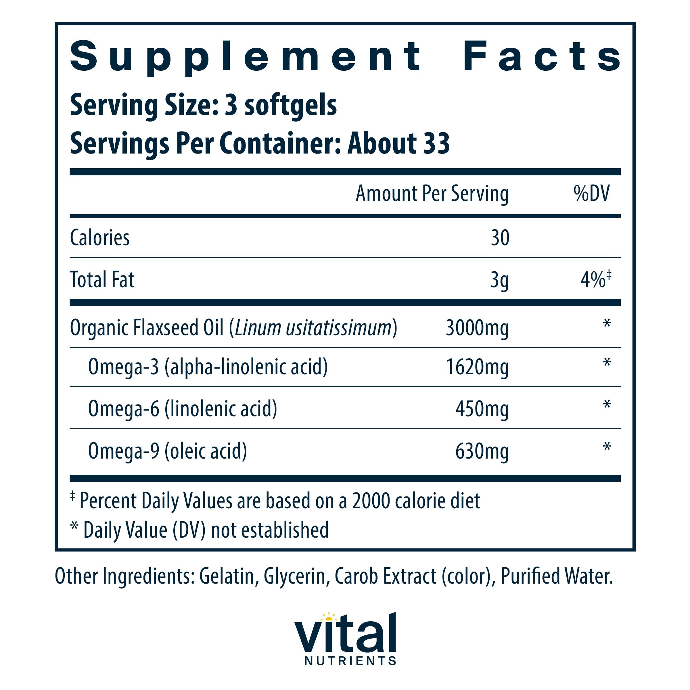 Softgel capsules close-up of Vital Nutrients Flax Seed Oil 3000mg