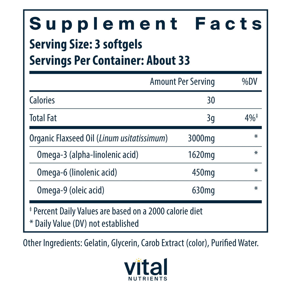 Softgel capsules close-up of Vital Nutrients Flax Seed Oil 3000mg