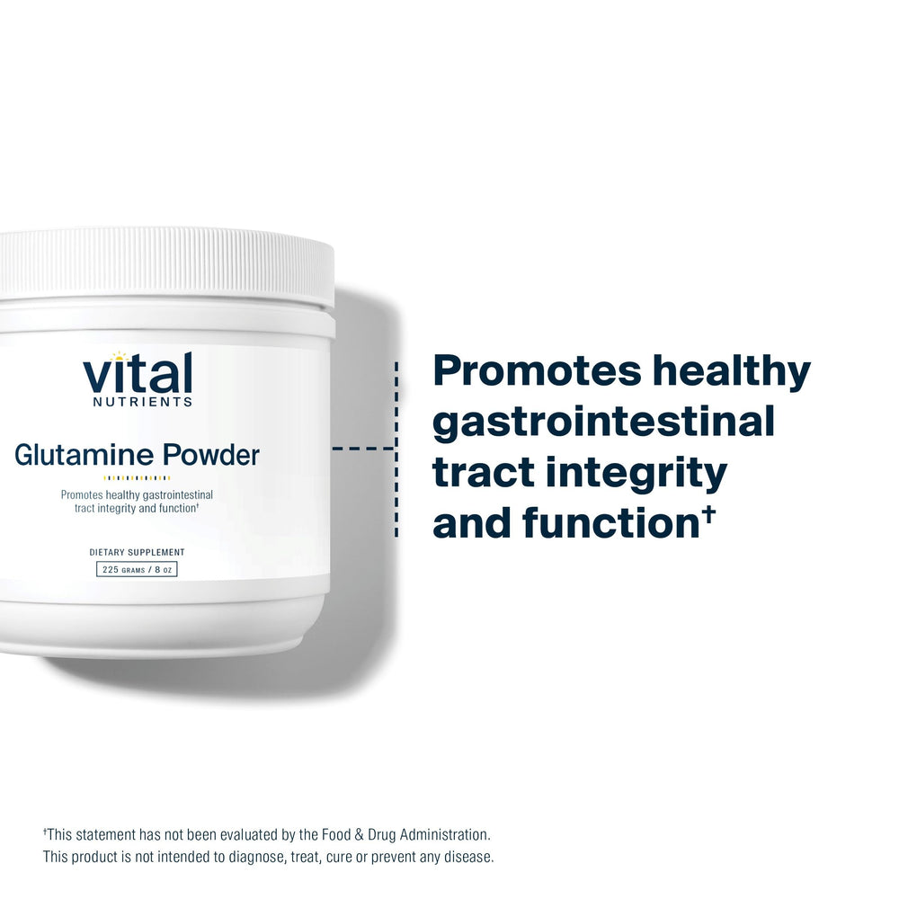 Glutamine Powder packaging and bottle displayed