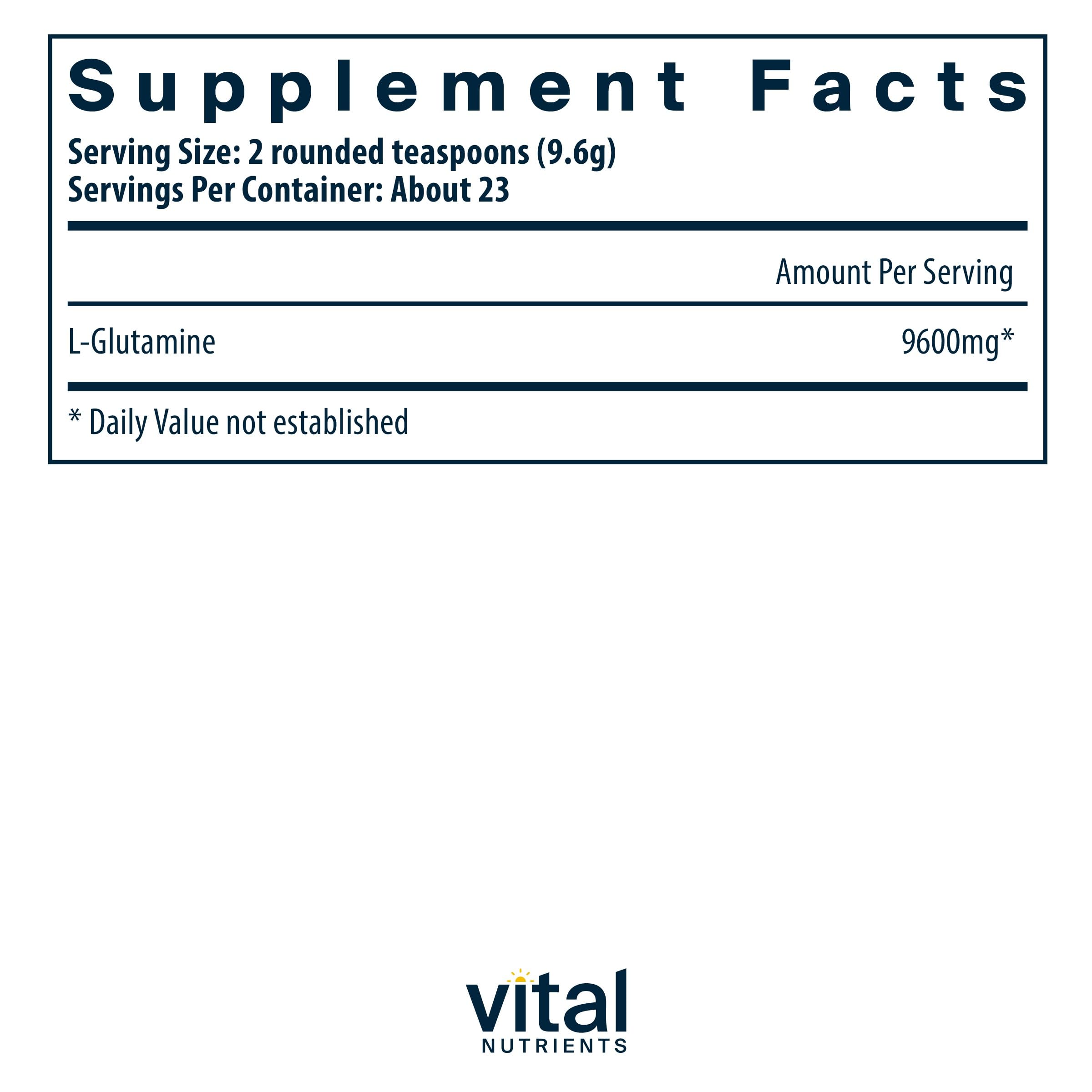 Serving scoop beside Vital Nutrients Glutamine Powder canister