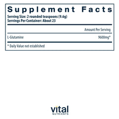 Serving scoop beside Vital Nutrients Glutamine Powder canister