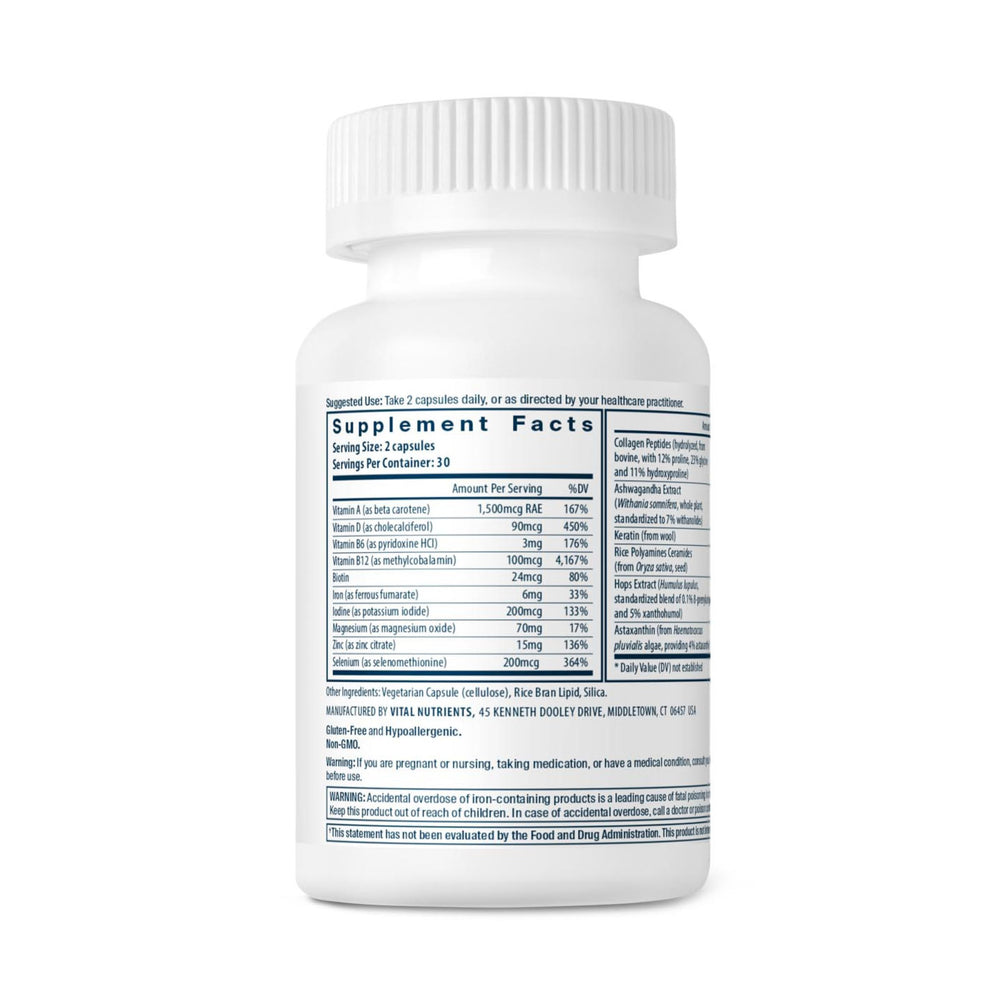 Vegan, gluten-free hair growth vitamins for women packaging on a surface