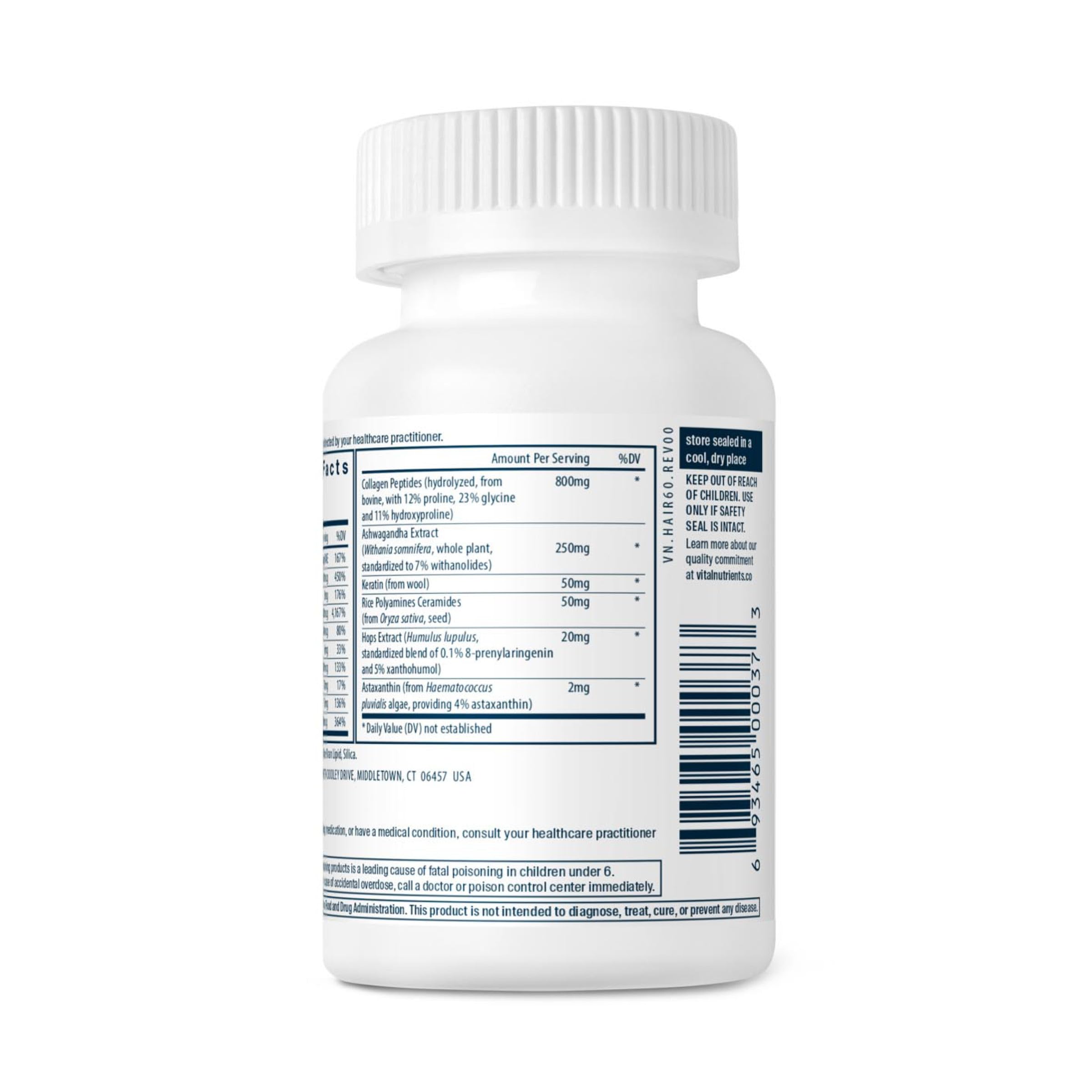 Product box highlighting ingredients like ashawa­ghanda, hops and biotin