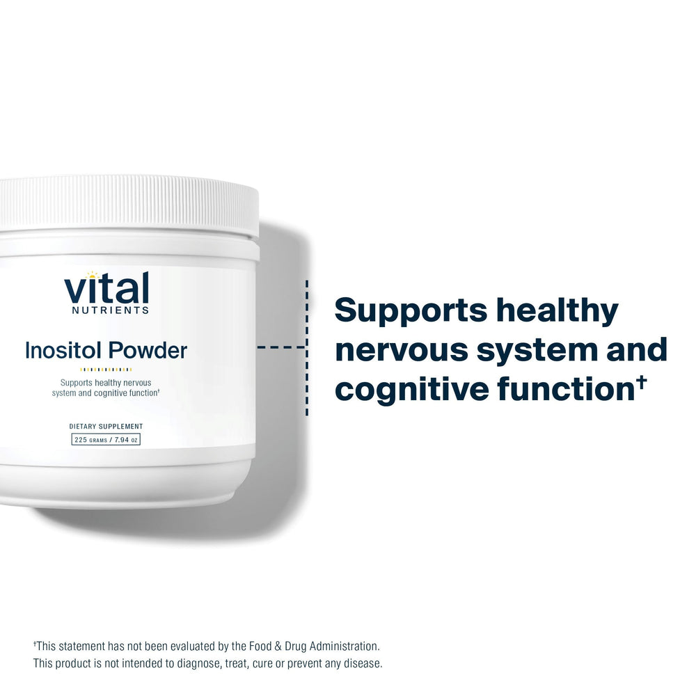 Vital Nutrients Inositol Powder glass jar on shelf signals premium quality