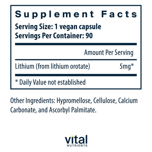Close-up of Lithium Orotate bottle label showing 5 mg per capsule