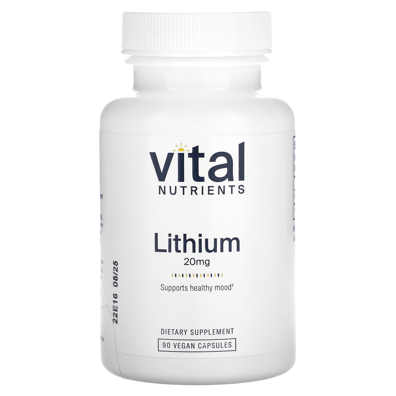 Vital Nutrients Lithium Orotate bottle with 90 vegan capsules for balanced mood support.