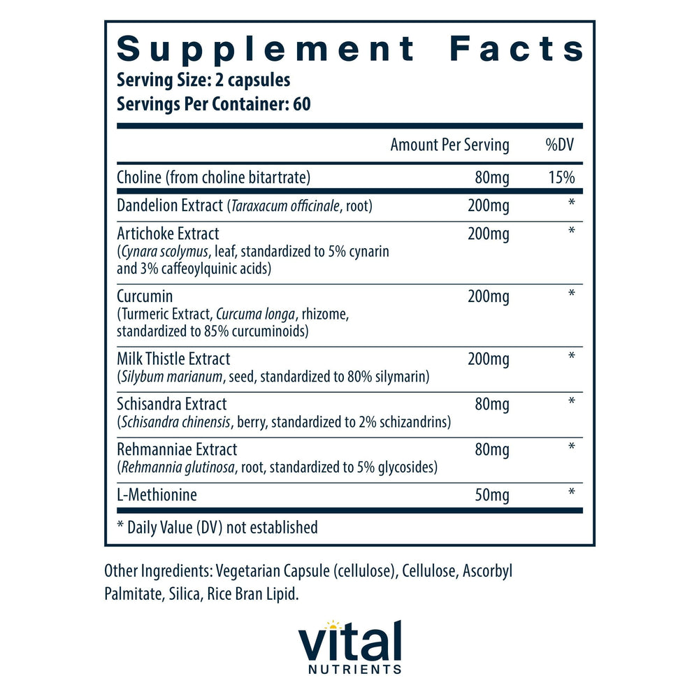 Vital Nutrients Liver Support capsules closeup, easy-to-swallow daily capsules.