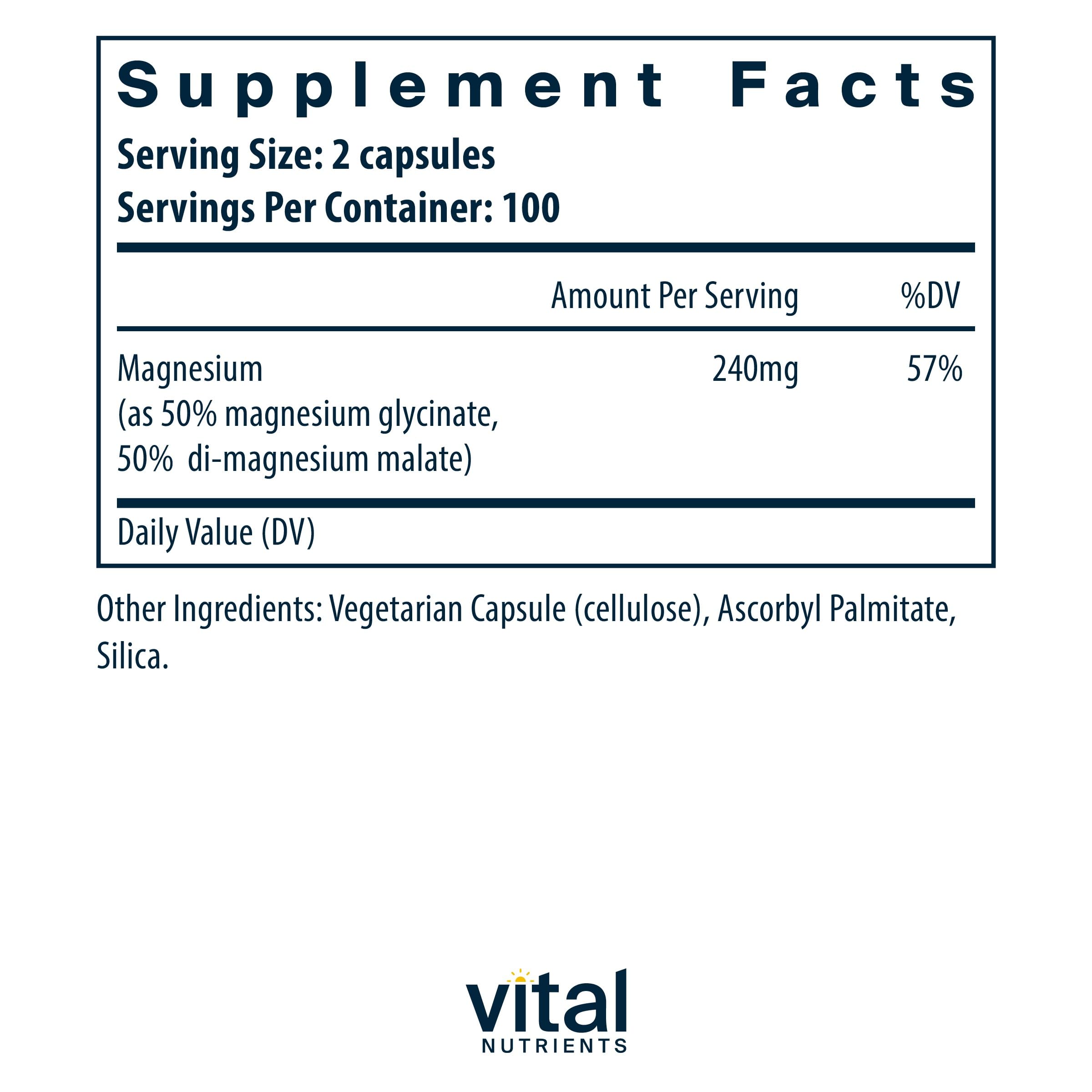 Vital Nutrients magnesium glycinate and malate capsules illustrating gentle absorption for sensitive stomachs.